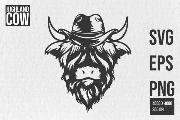 Highland Cow Cowboy Head Design Clipart